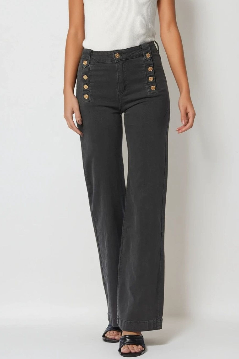 Q2 Jeans dritti con bottoni dorati sul lato in grigio scuro