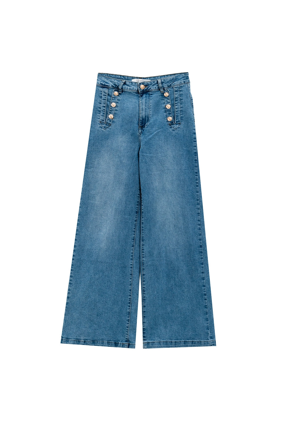 Jeans dritti e svasati in blu lavato con dettaglio di bottoni
