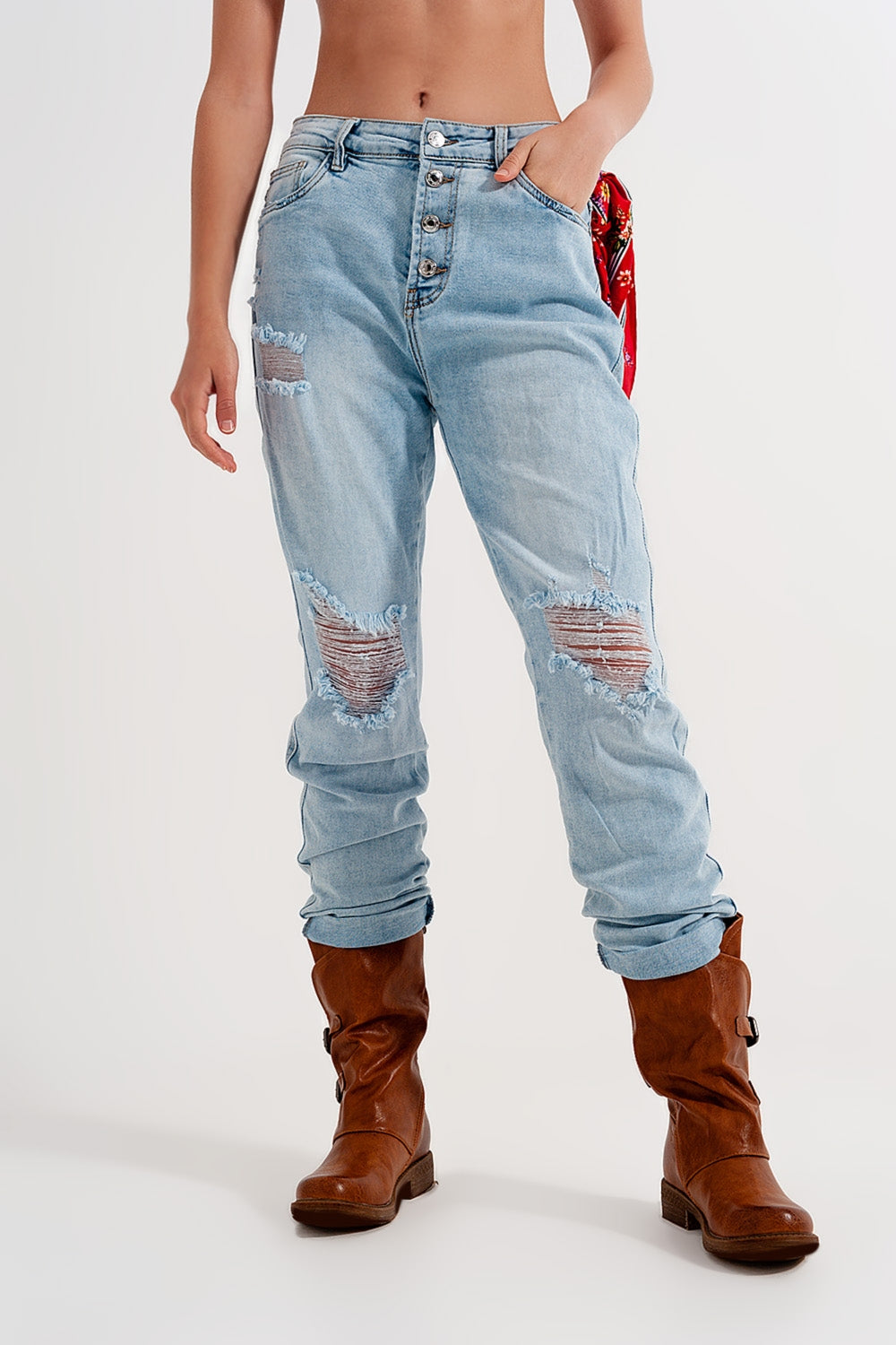 Jeans dritti effetto invecchiato azzurro mélange con bottoni