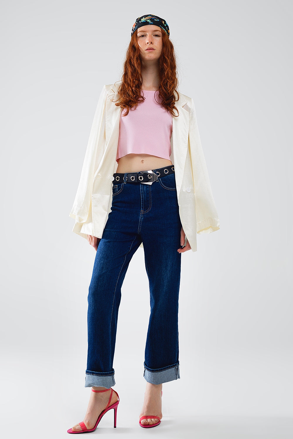 Jeans dritti in denim blu scuro con orlo ripiegato