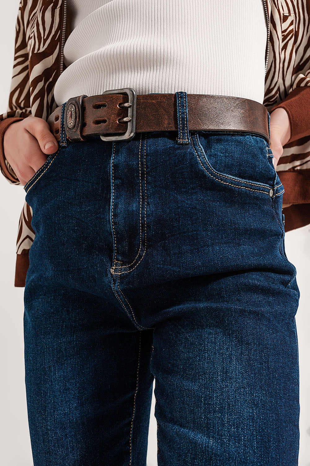 Jeans dritti in misto cotone blu medio