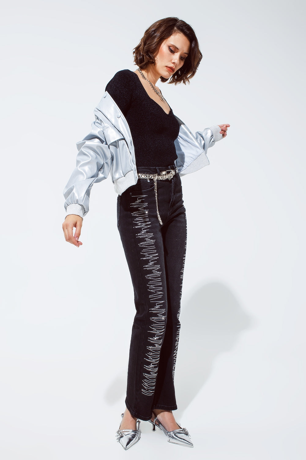 Jeans dritti neri con dettagli in strass argentati