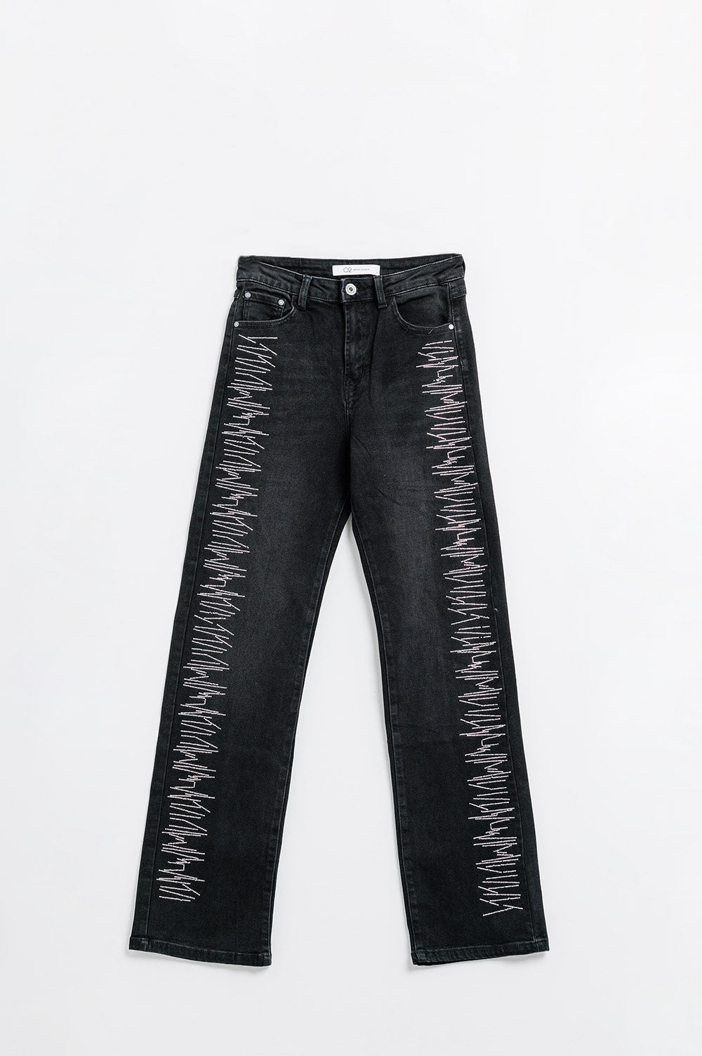 Jeans dritti neri con dettagli in strass argentati
