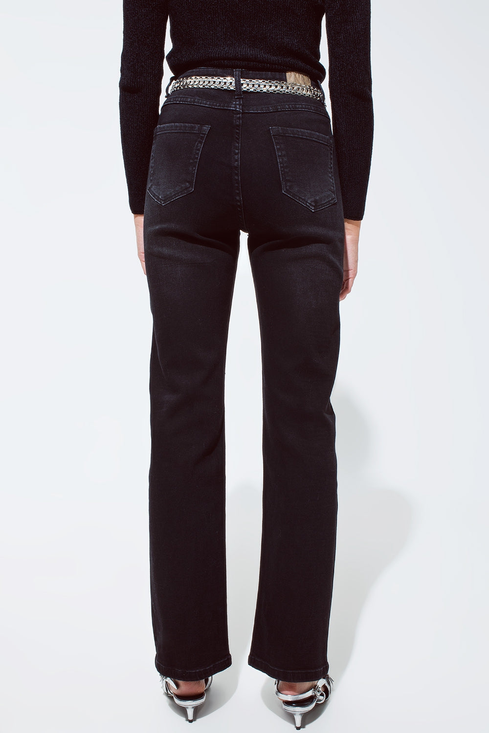 Jeans dritti neri con dettagli in strass argentati