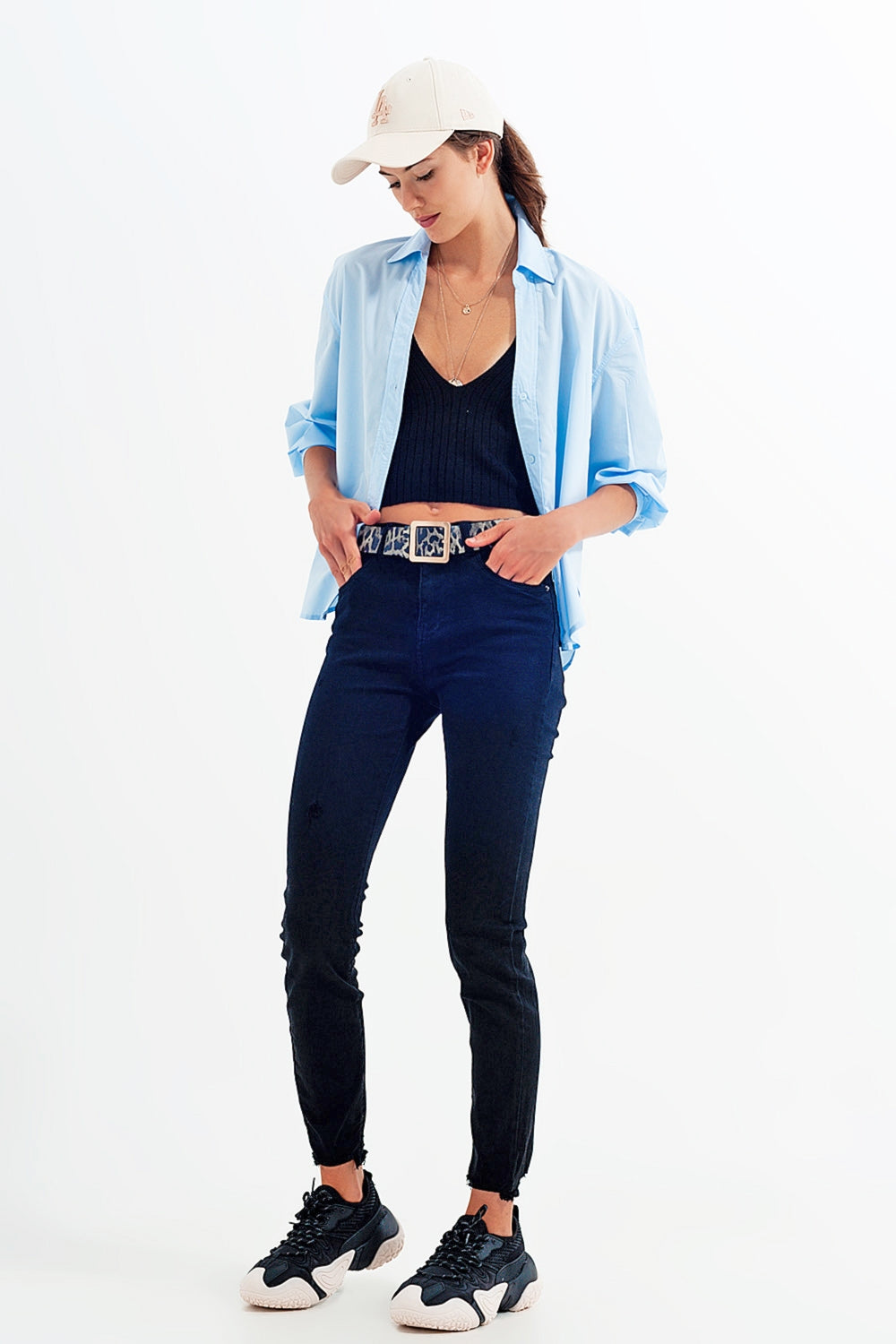 Jeans elasticizzati skinny nero con fondo frastagliato