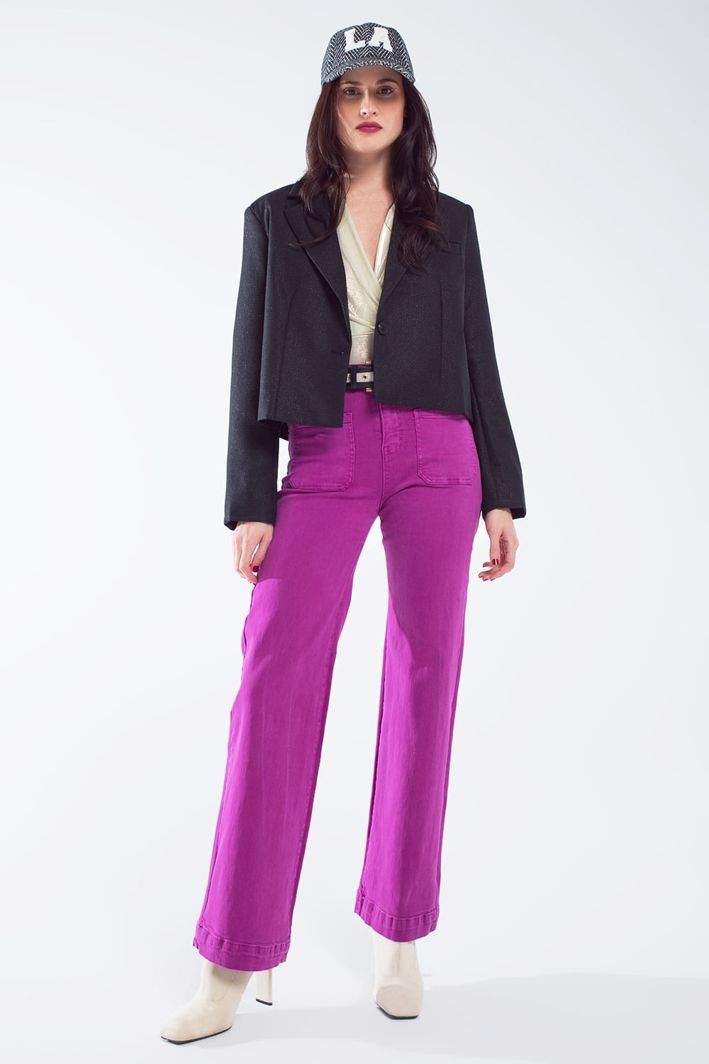 jeans flare a vita alta con tasche frontali in magenta