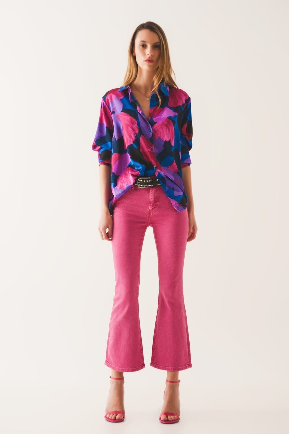 Jeans flare a vita alta in rosa
