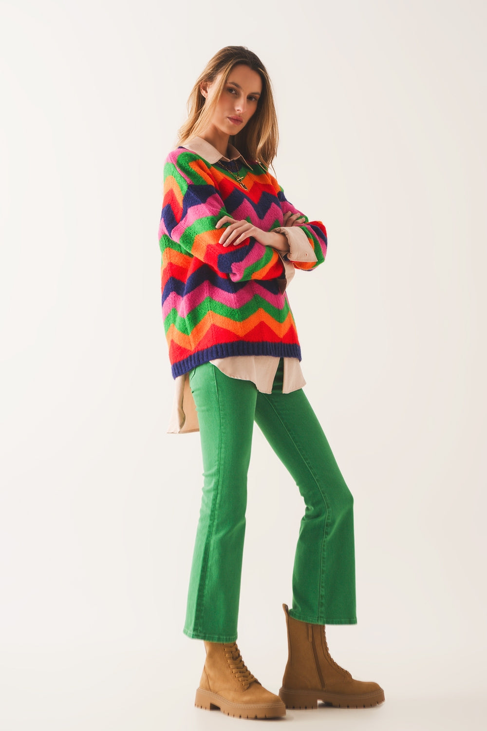 Jeans flare a vita alta in verde