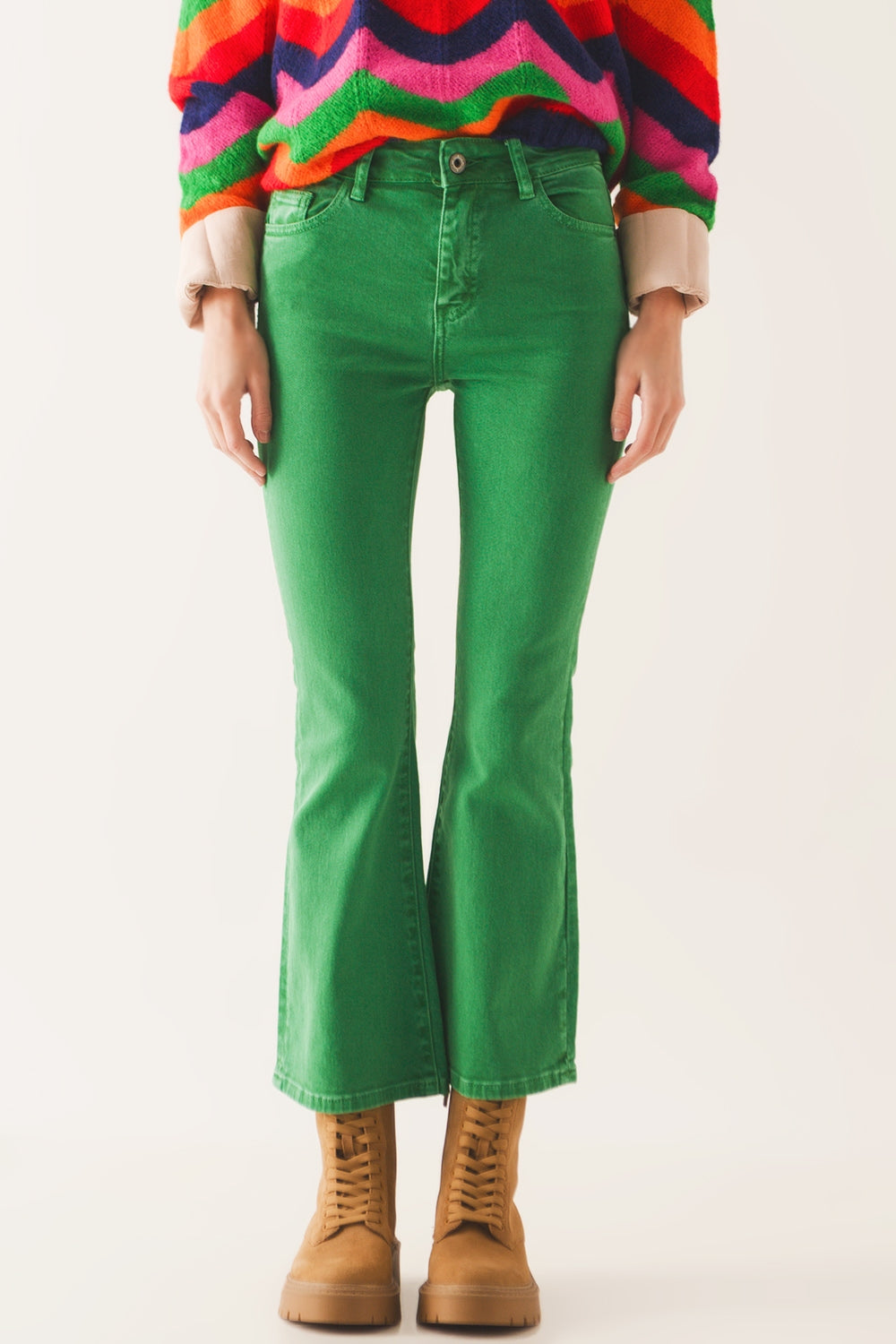 Jeans flare a vita alta in verde