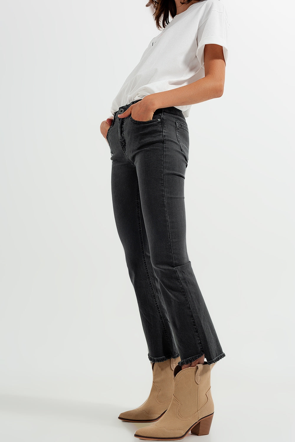 JEANS high raise a zampa tono grigio scuro