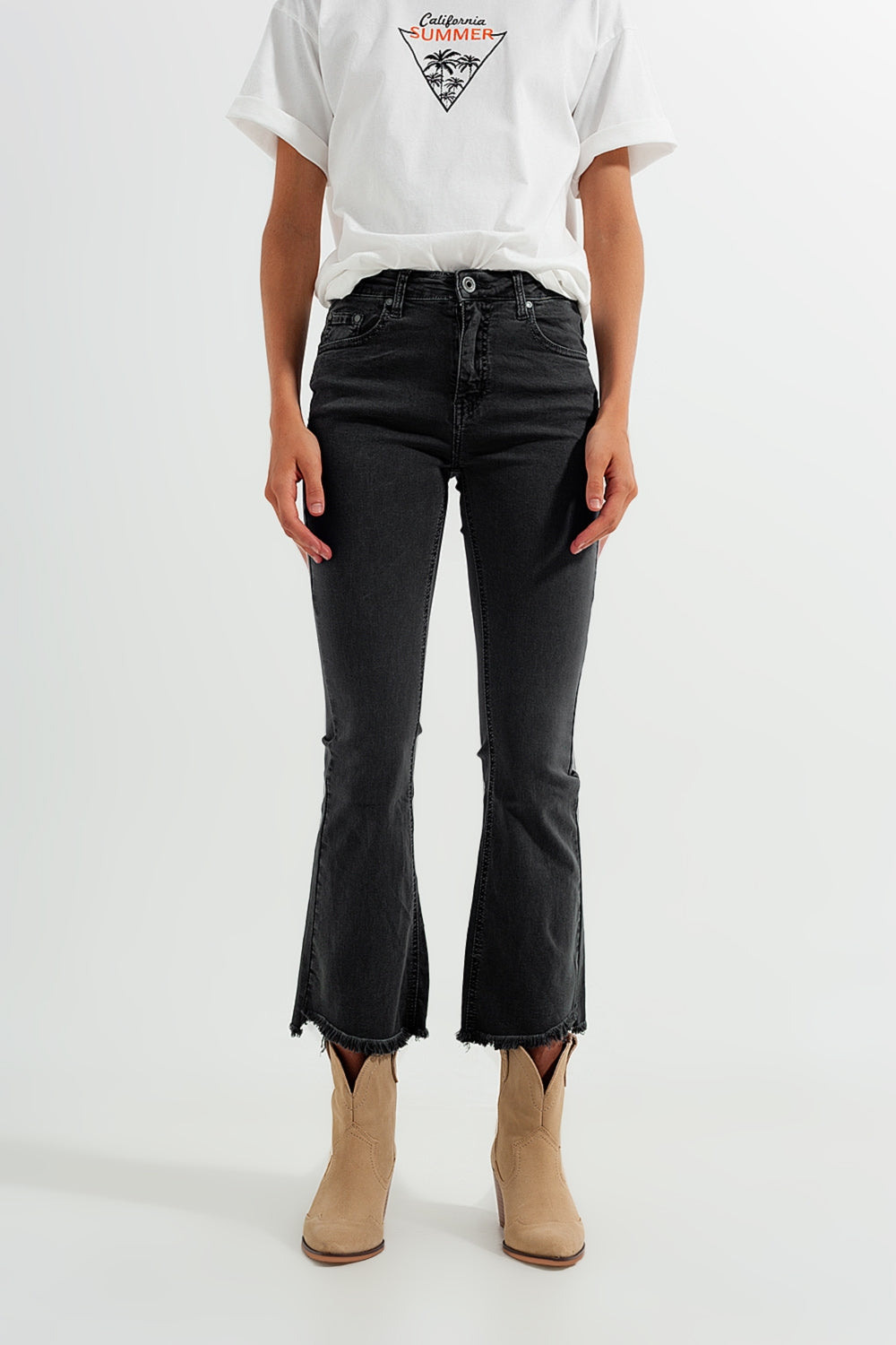 JEANS high raise a zampa tono grigio scuro