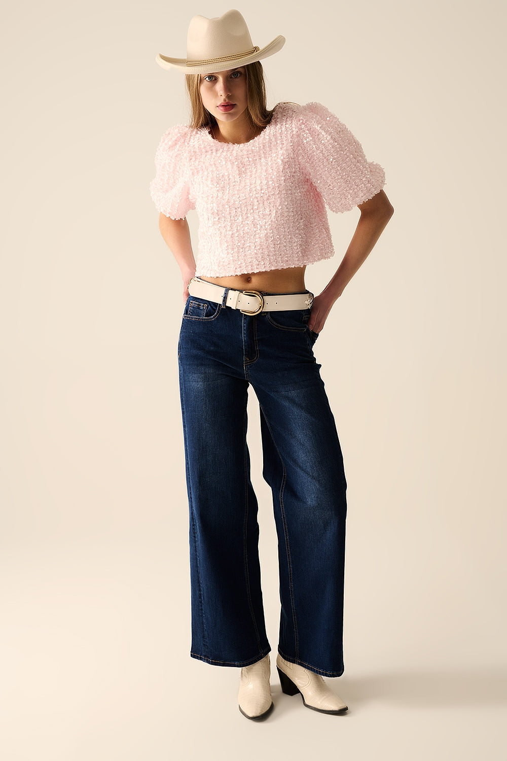 jeans in denim elasticizzati a gamba larga lavati scuri