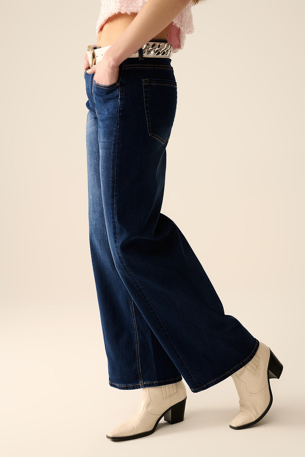jeans in denim elasticizzati a gamba larga lavati scuri