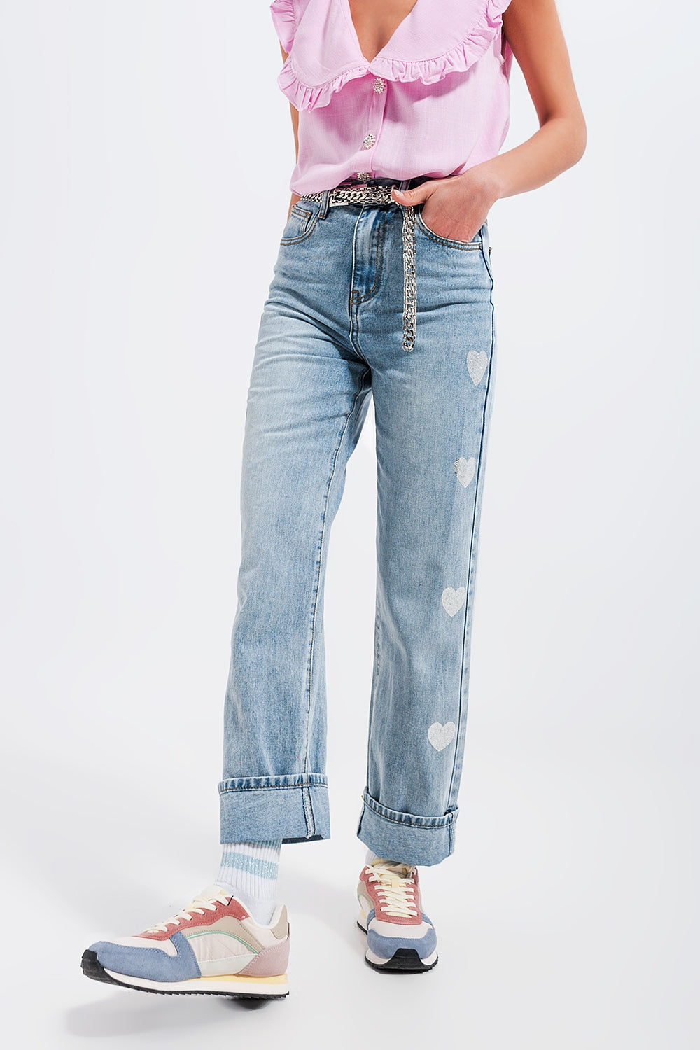 Jeans larghi stile anni 90 con stampa con cuori