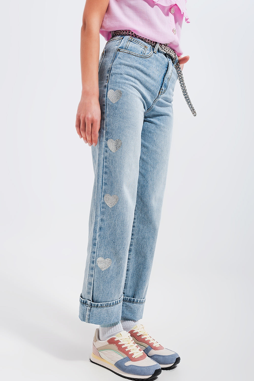 Jeans larghi stile anni 90 con stampa con cuori