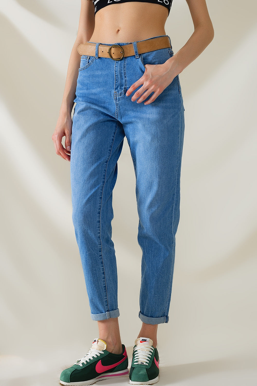 Jeans mamma a vita alta in denim stretch a lavaggio medio