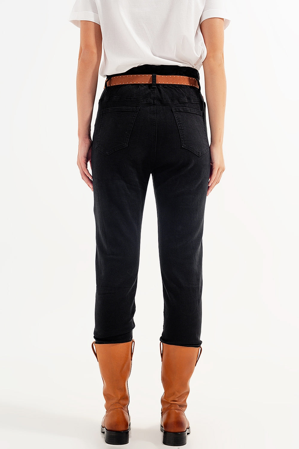 Jeans neri vita stretch con arriccio paperbag fit