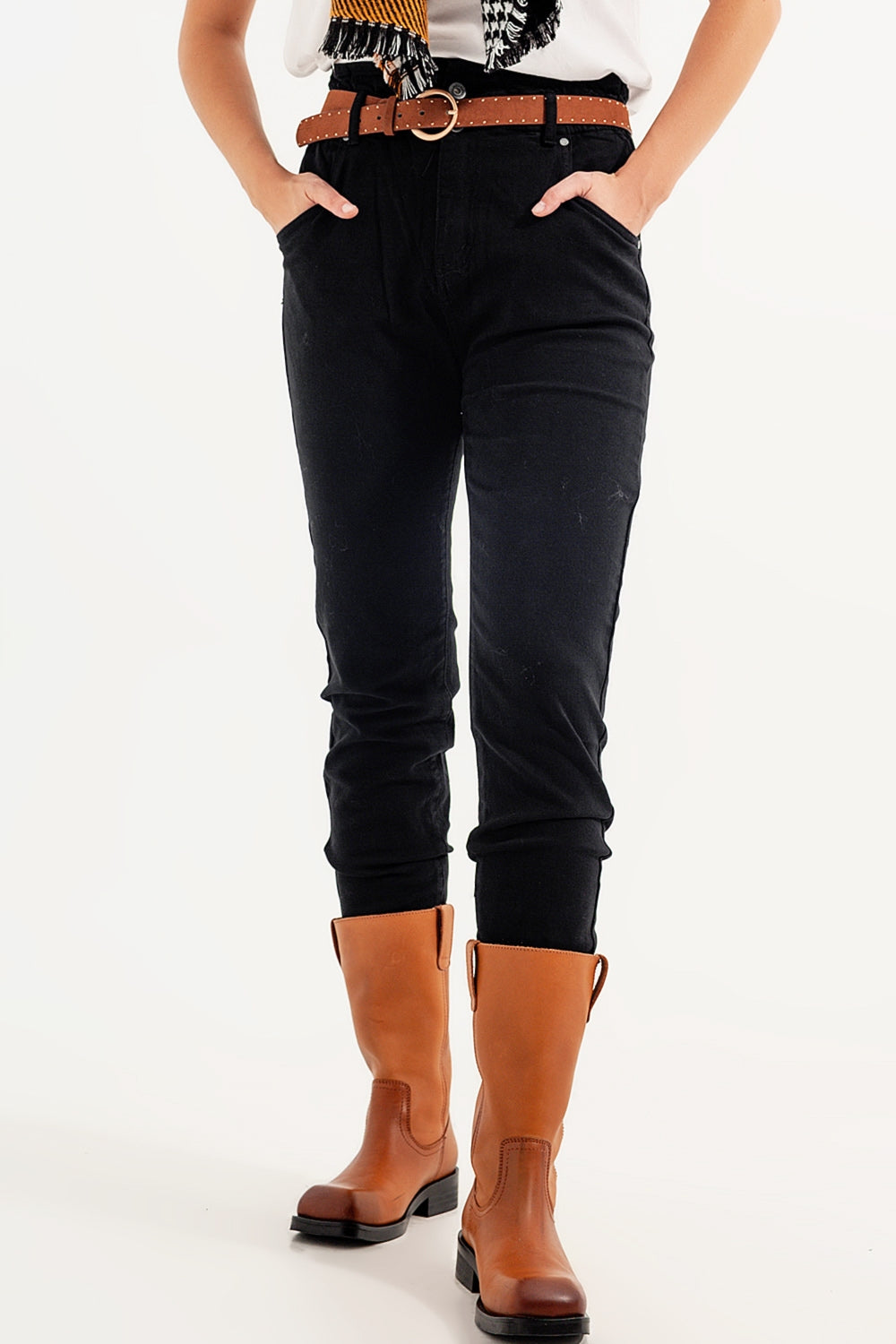 Jeans neri vita stretch con arriccio paperbag fit