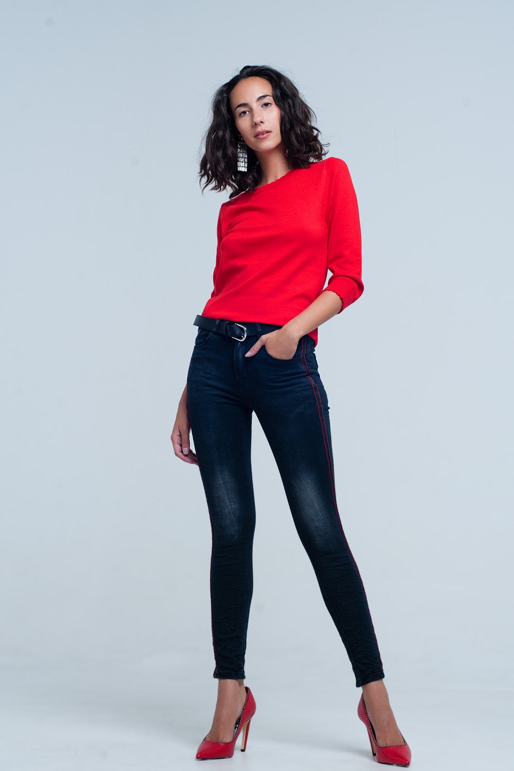 Jeans nero skinny con righe laterali