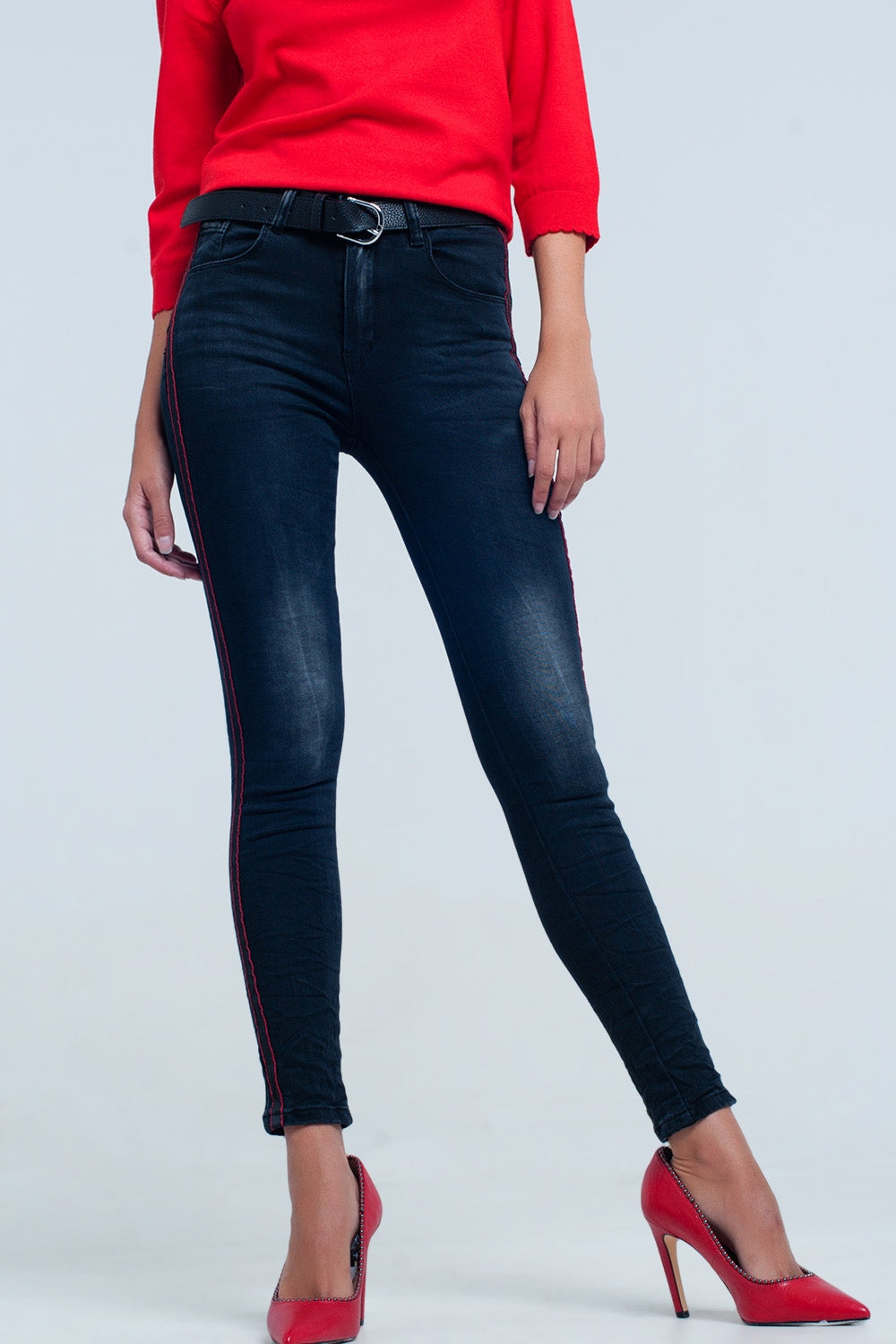 Jeans nero skinny con righe laterali