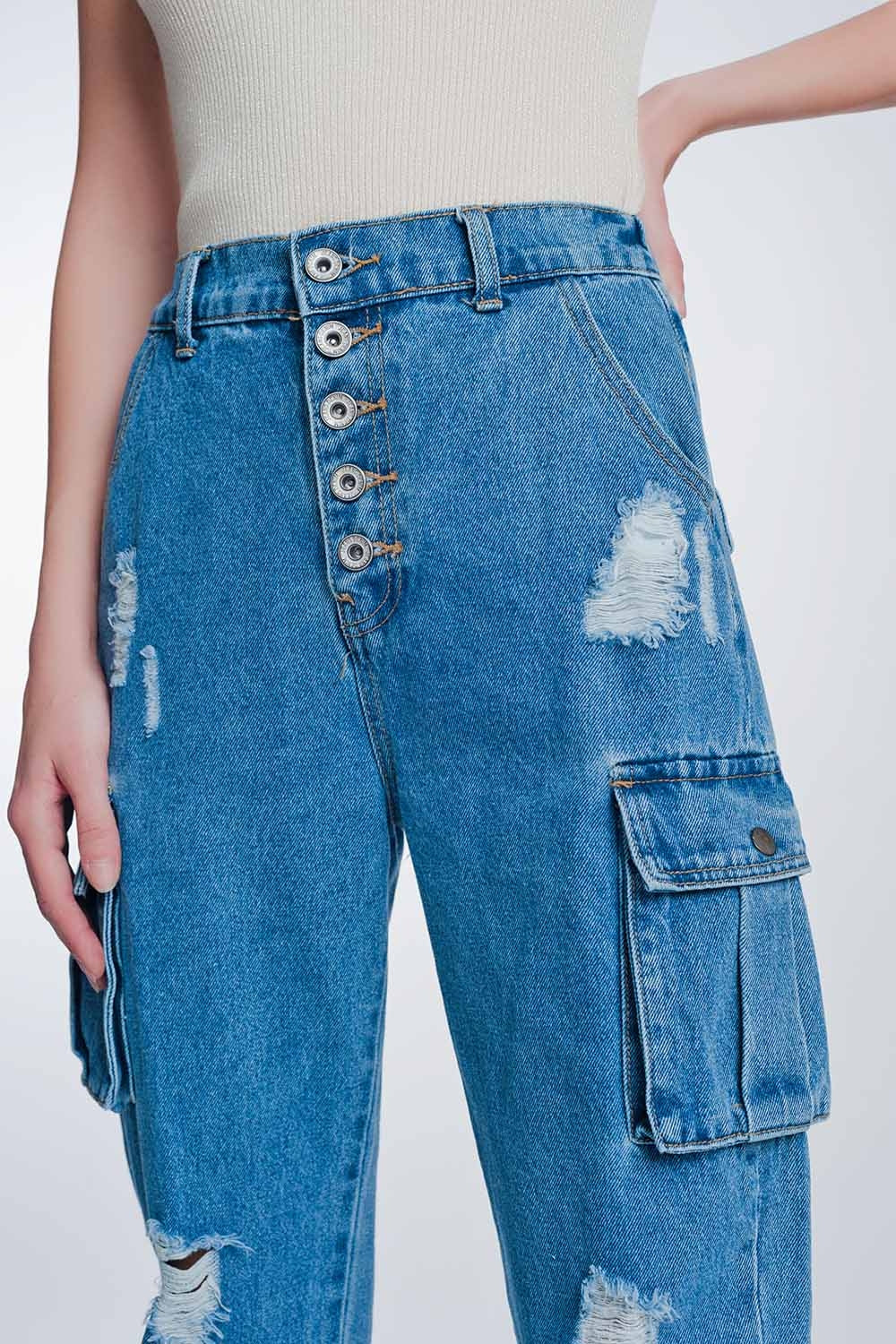 Q2 Jeans rigidi classici con tasche cargo azzurro stone wash