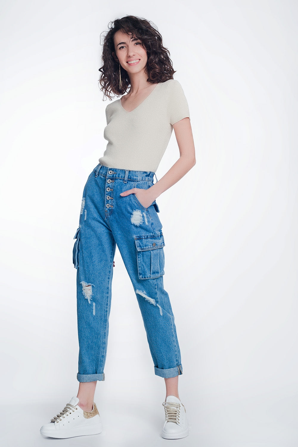 Jeans rigidi classici con tasche cargo azzurro stone wash