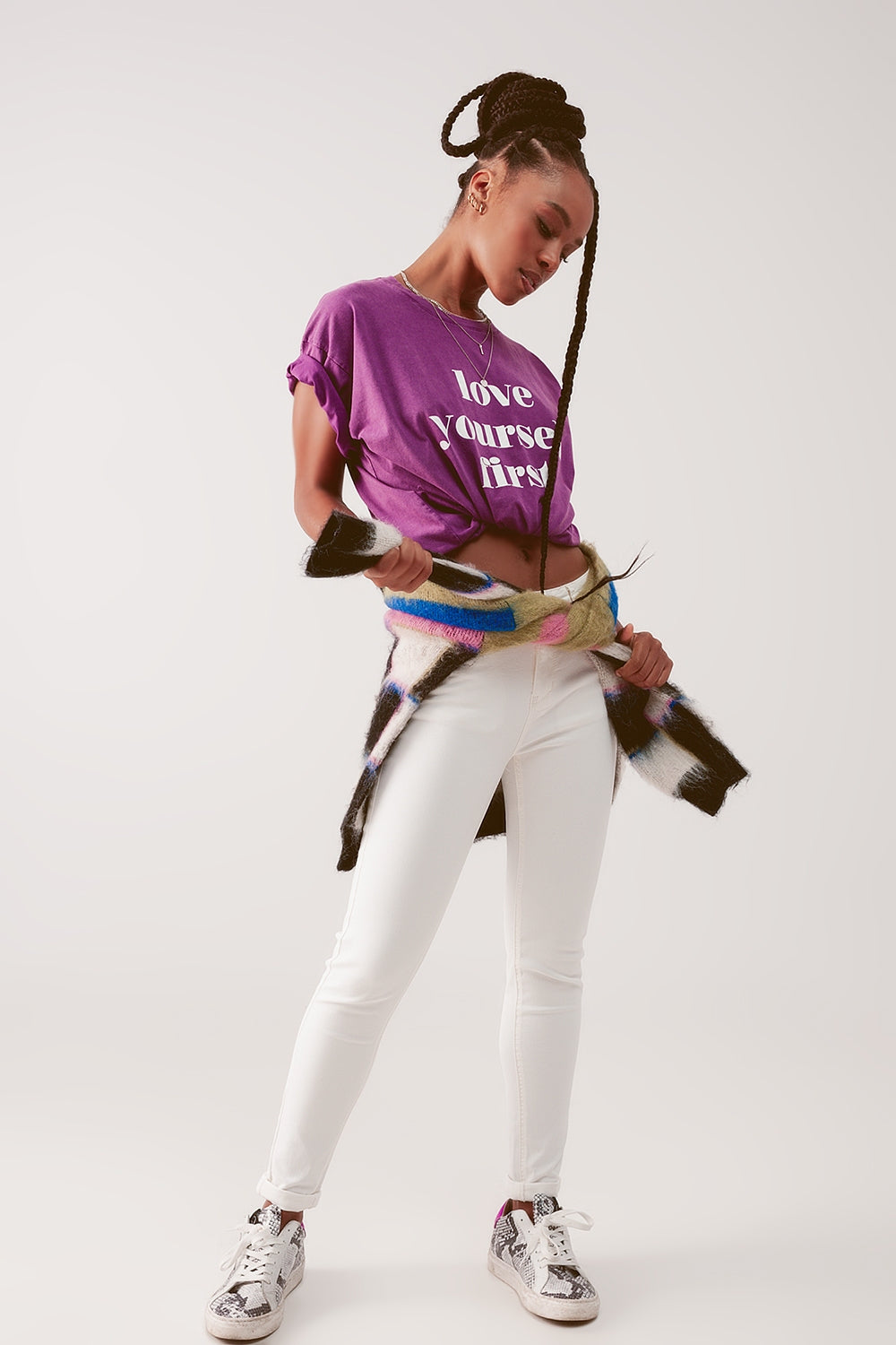 Jeans skinny a vita alta in crema
