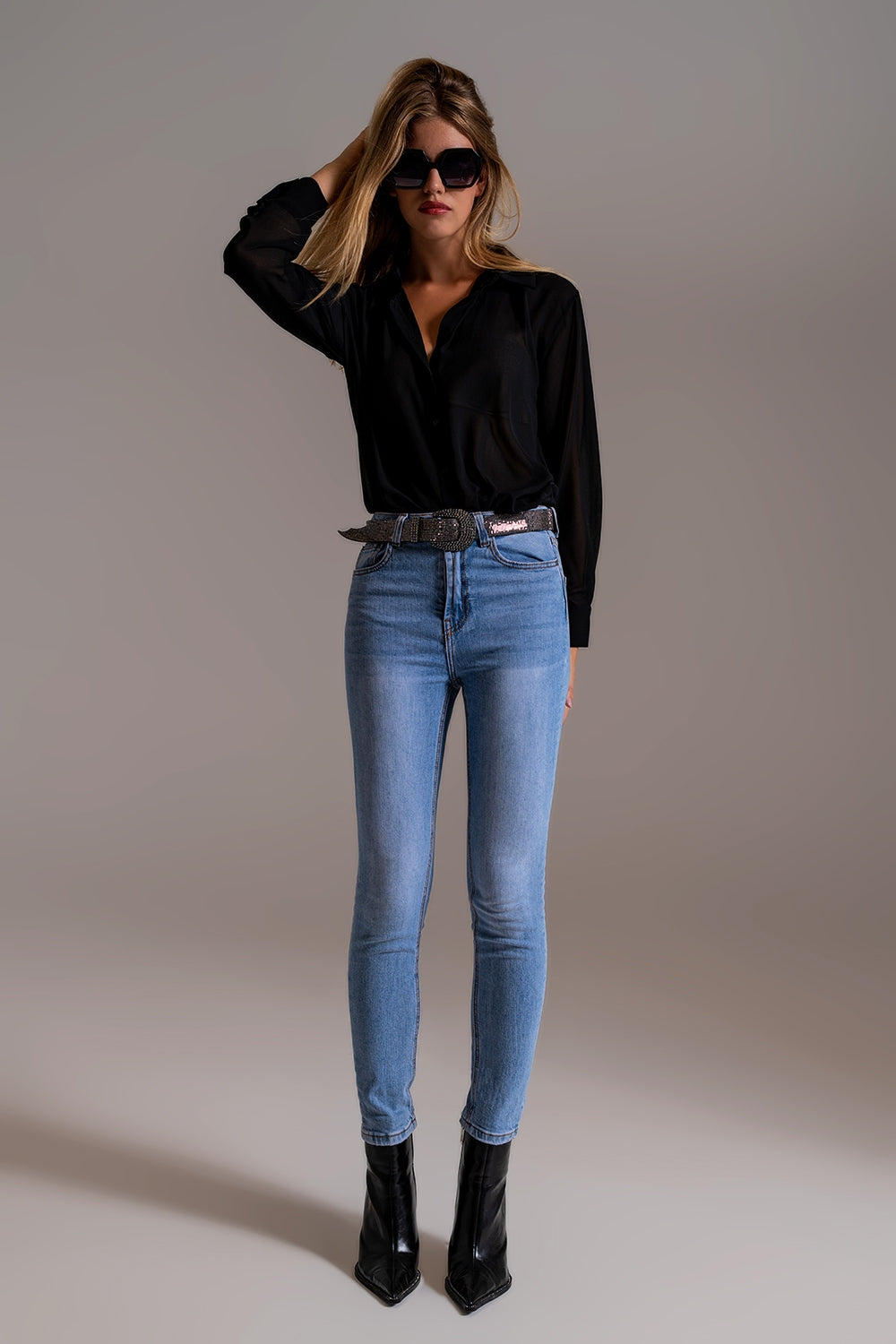 Jeans skinny a vita alta in lavaggio chiaro