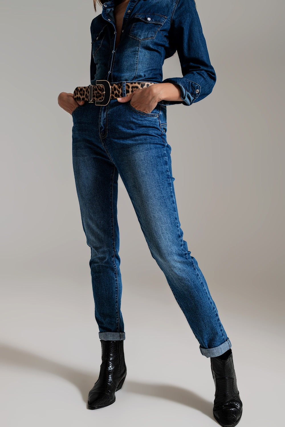 Jeans skinny a vita alta in lavaggio medio