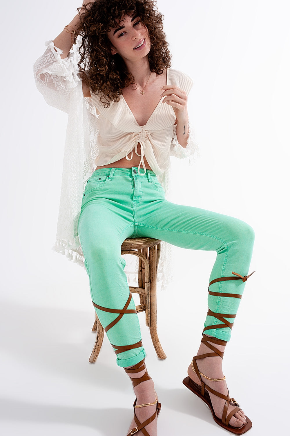 Q2 Jeans skinny a vita alta in verde pistacchio