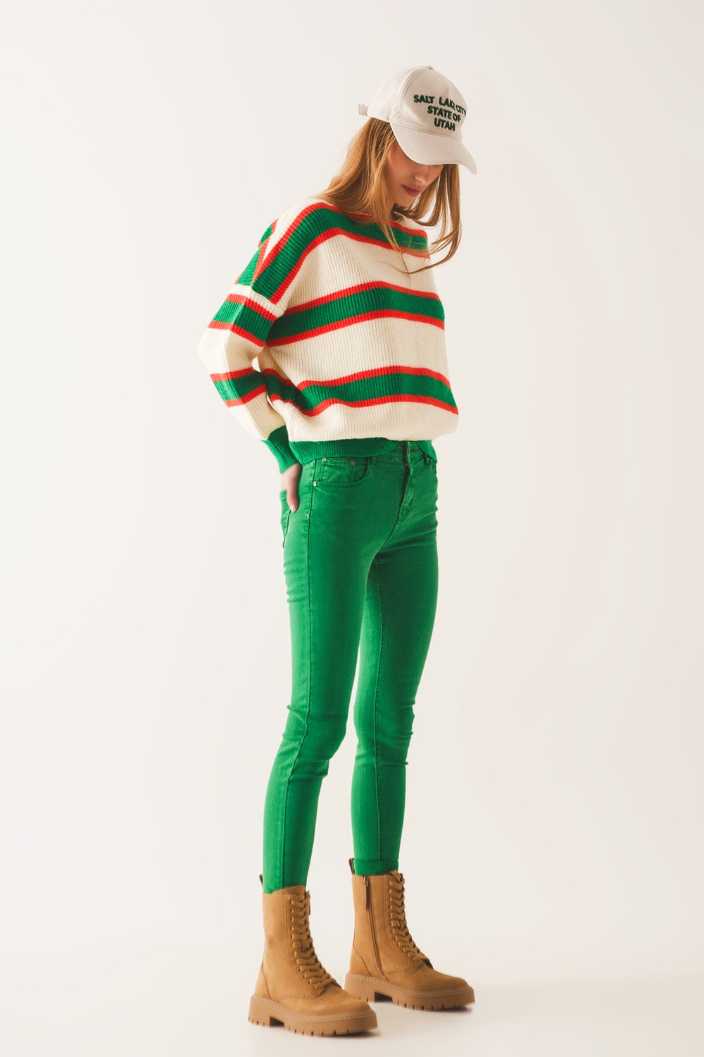 Jeans skinny a vita alta in verde