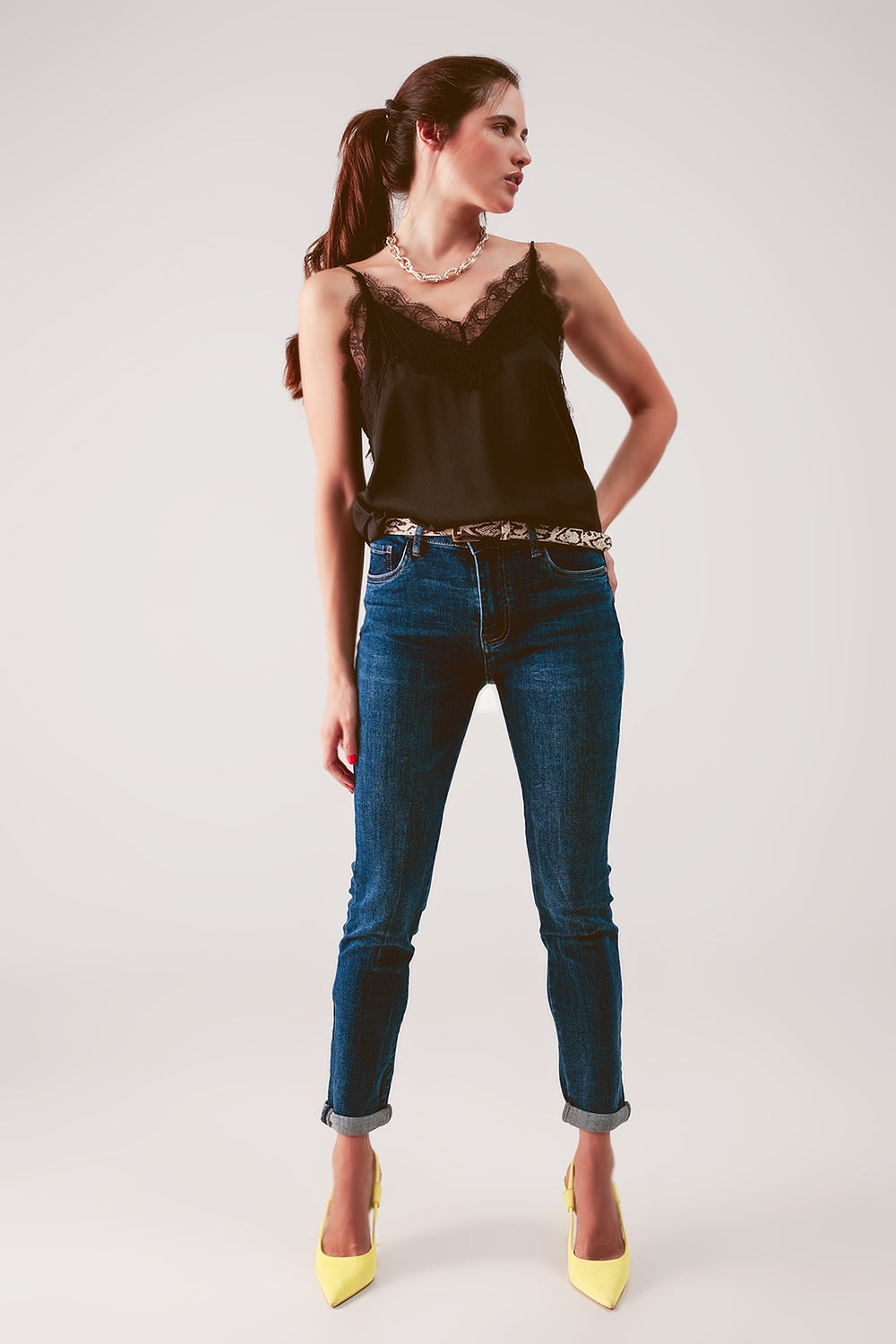 Q2 Jeans skinny a vita alta lavaggio blu medio