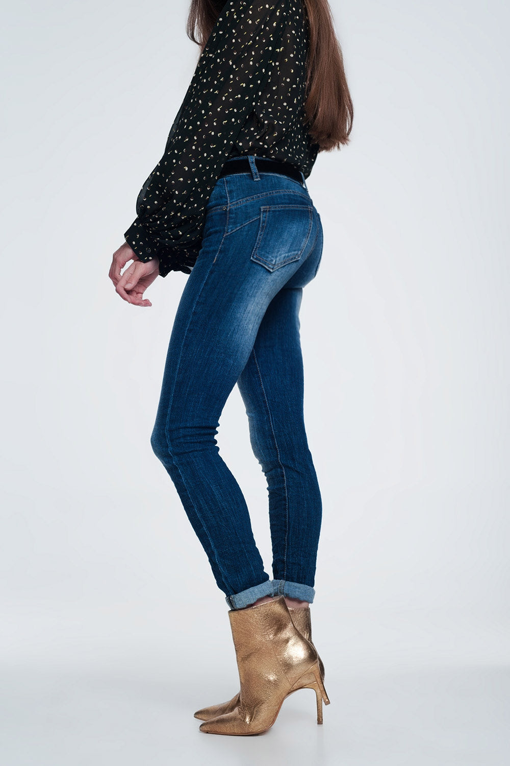 Jeans skinny a vita alta lavaggio stone wash blu molto scuro