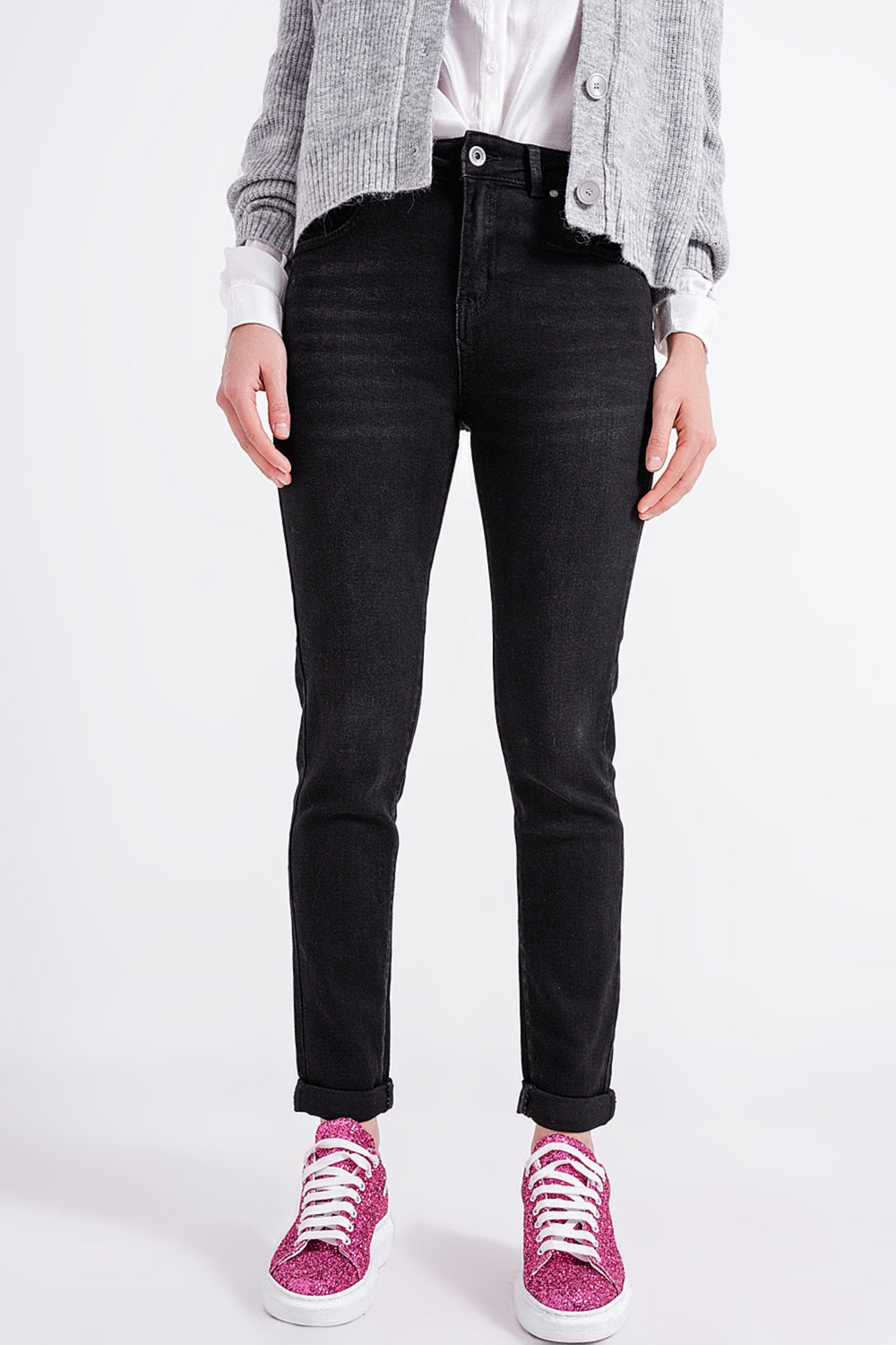 Q2 Jeans skinny a vita alta neri stretch