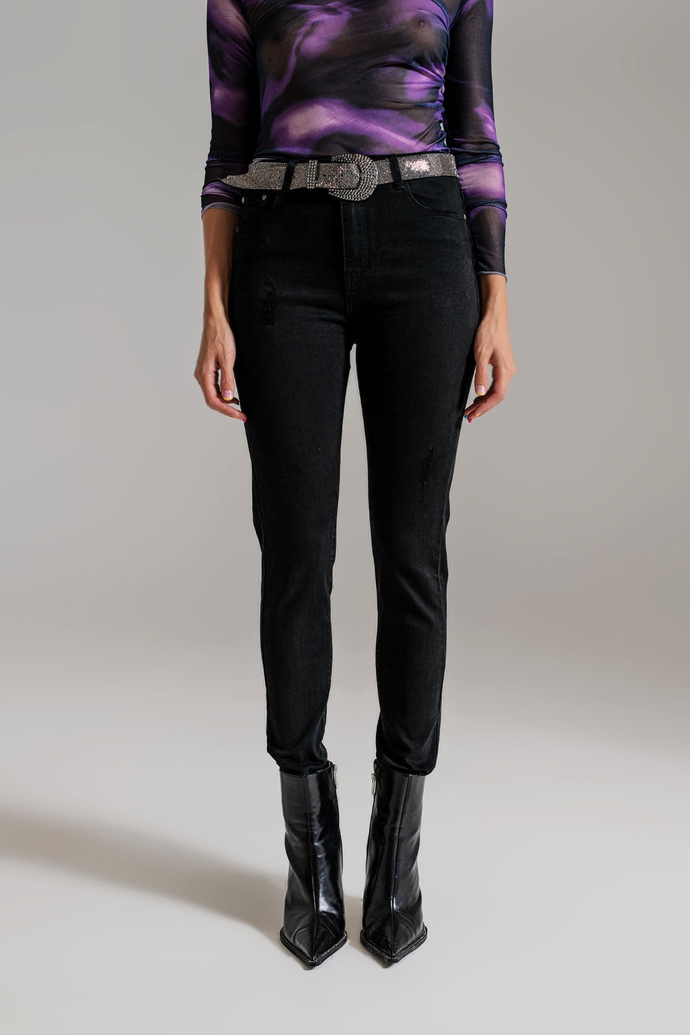 Q2 Jeans skinny a vita alta nero