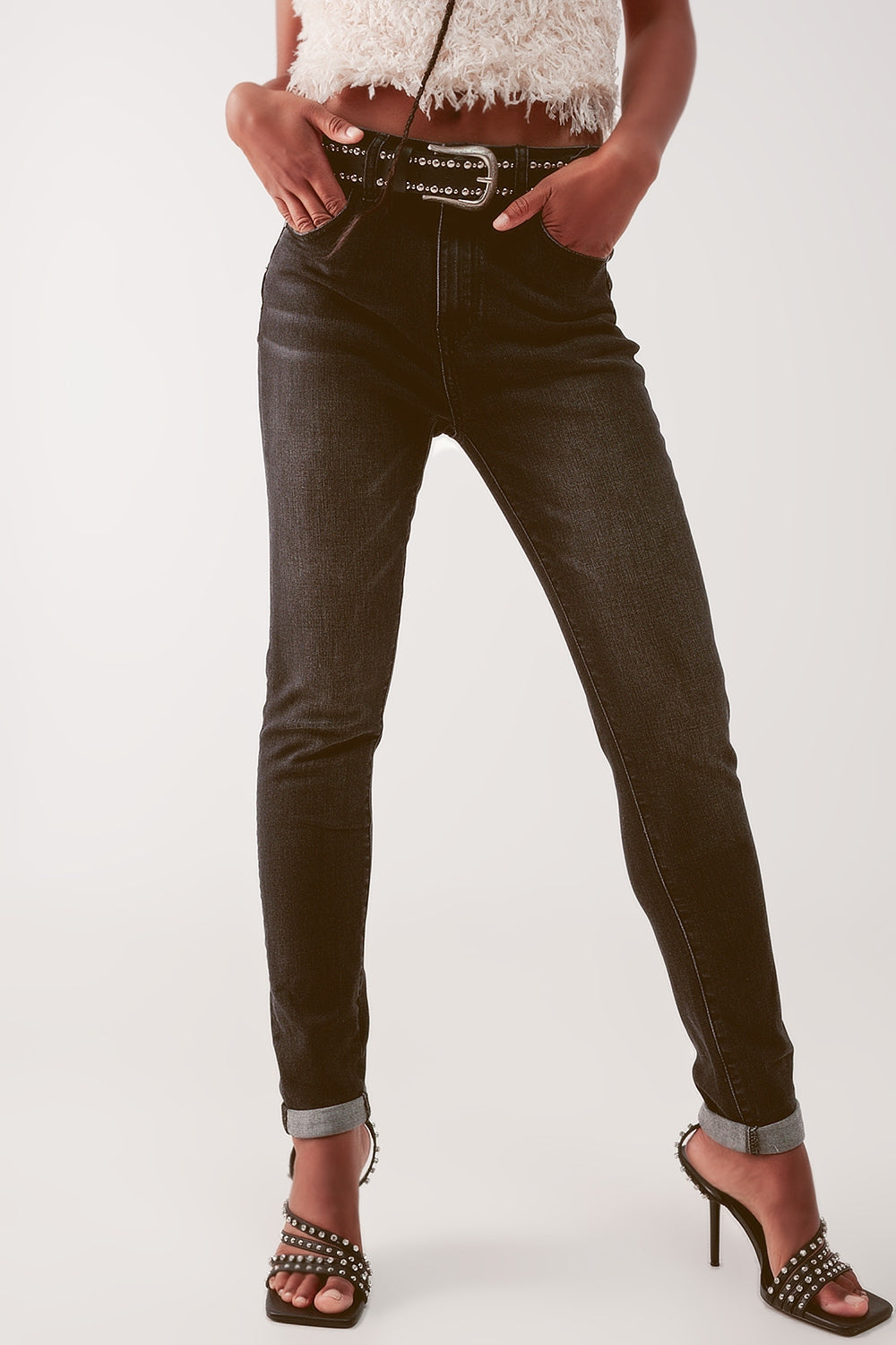 Jeans skinny a vita molto alta nero slavato