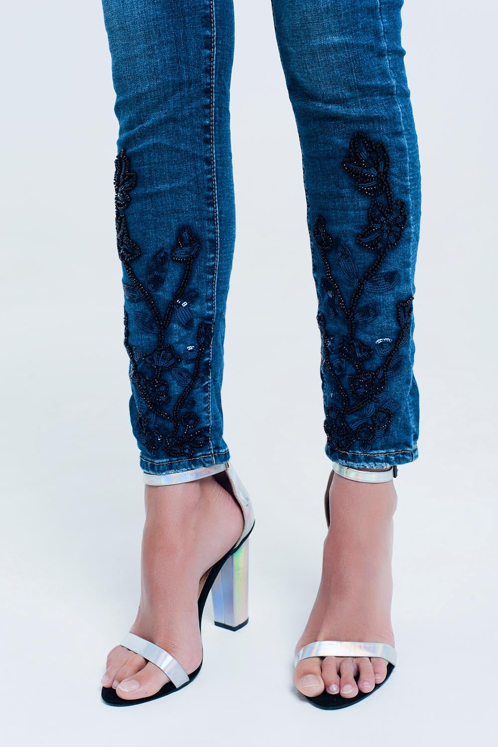 Jeans skinny blu con strass