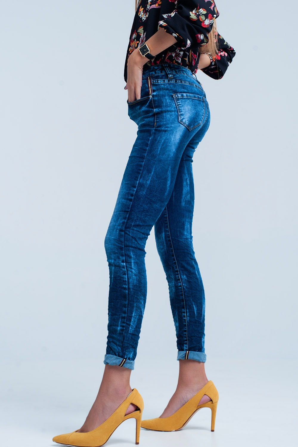 Jeans skinny Blu rugoso a vita alta