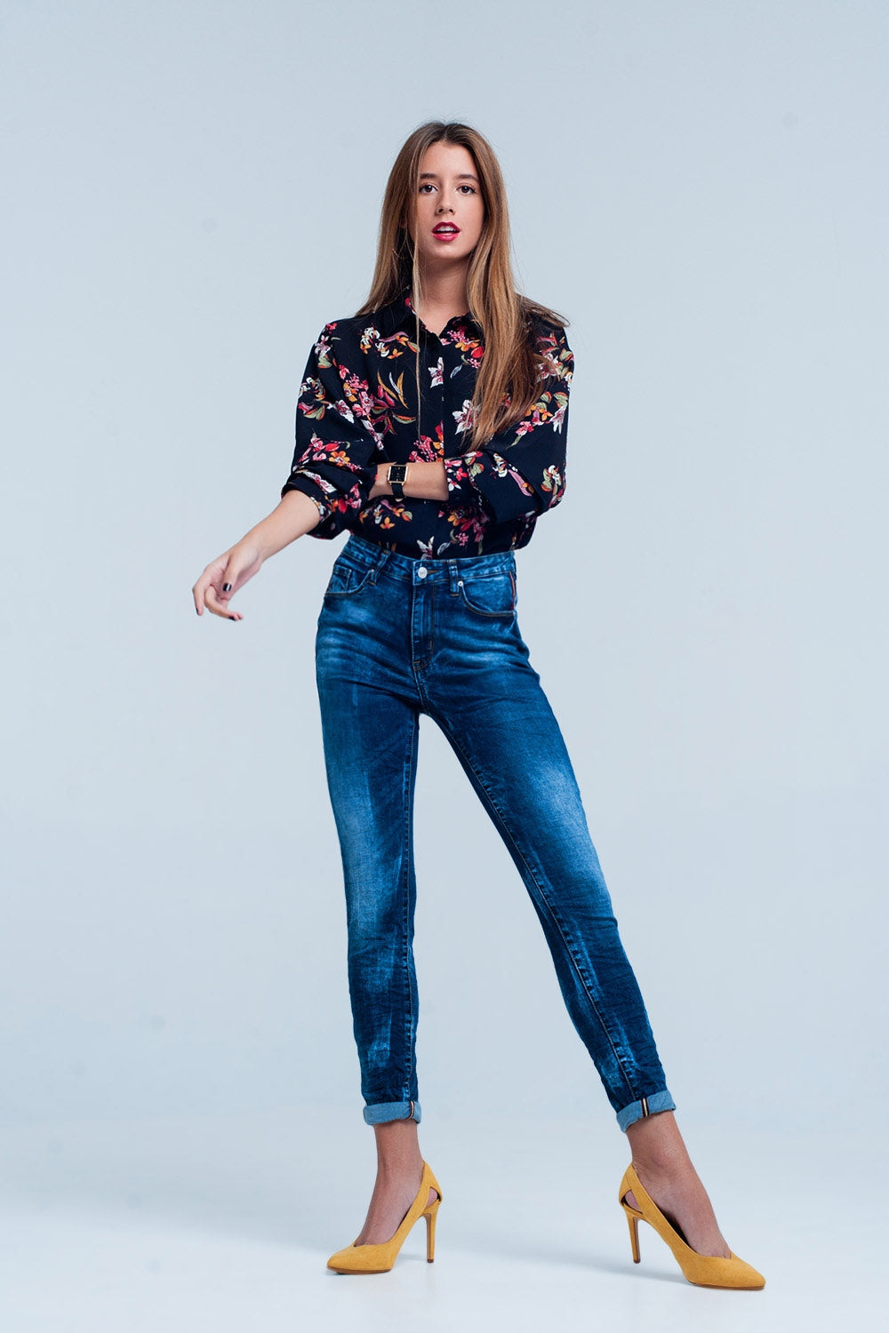 Jeans skinny Blu rugoso a vita alta