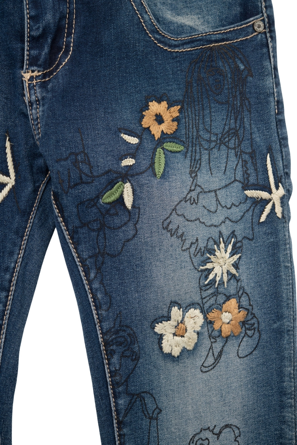 Jeans skinny con fiori ricamati multicolori