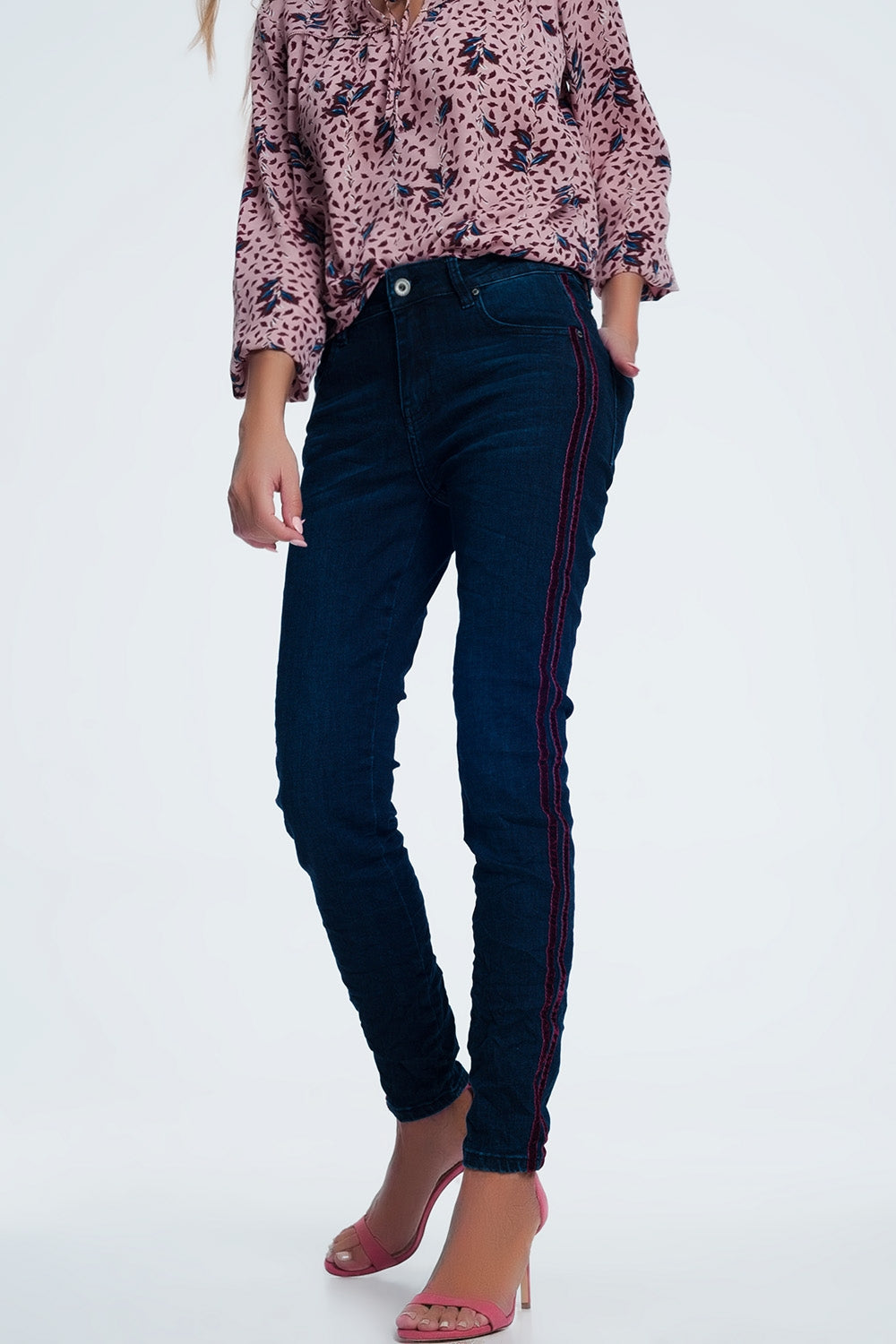 Jeans skinny con righe sportive rosso