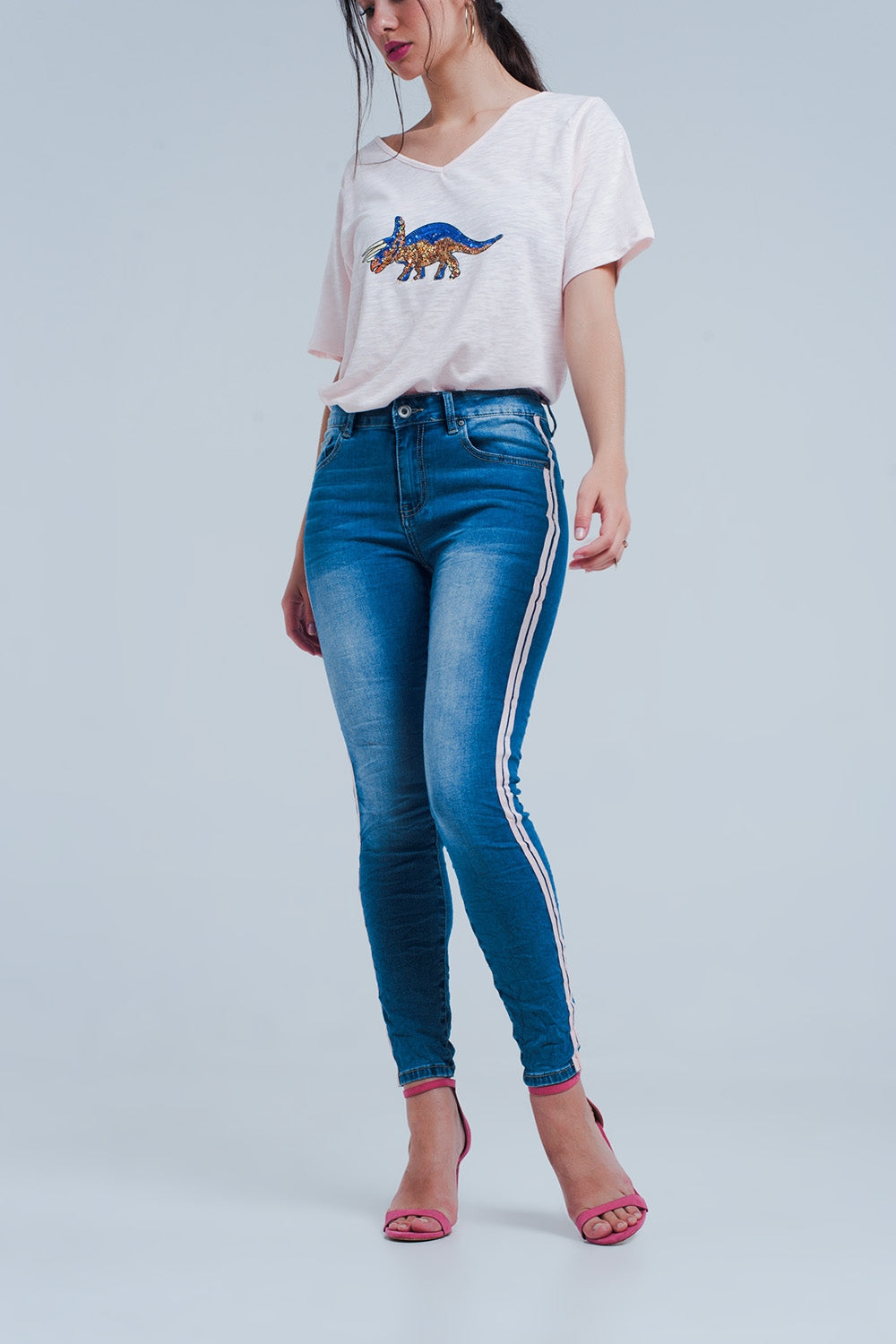 Jeans skinny con strisce laterali in rosa