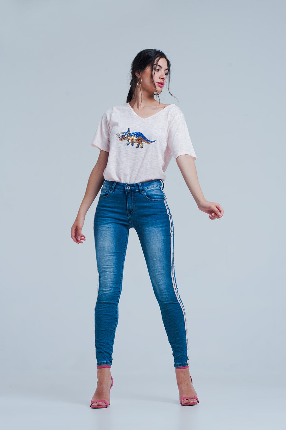 Jeans skinny con strisce laterali in rosa