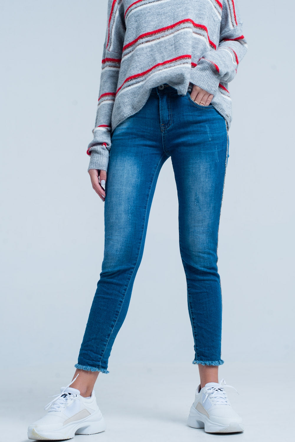 Jeans skinny con striscia laterale con strass