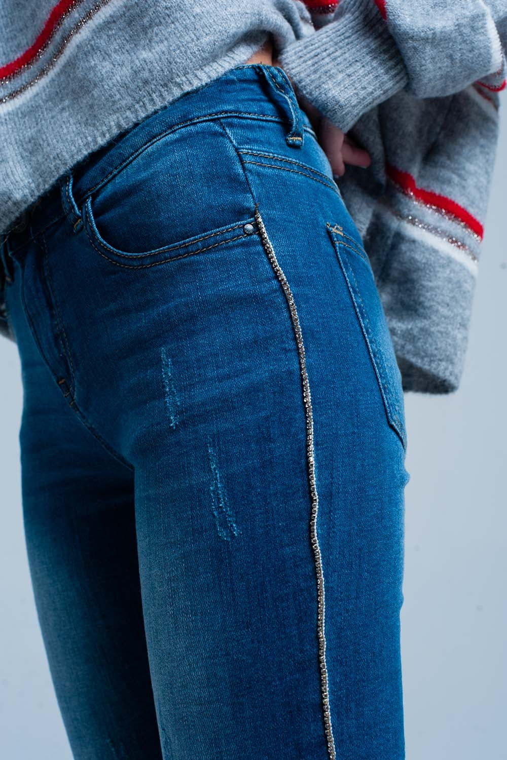 Jeans skinny con striscia laterale con strass