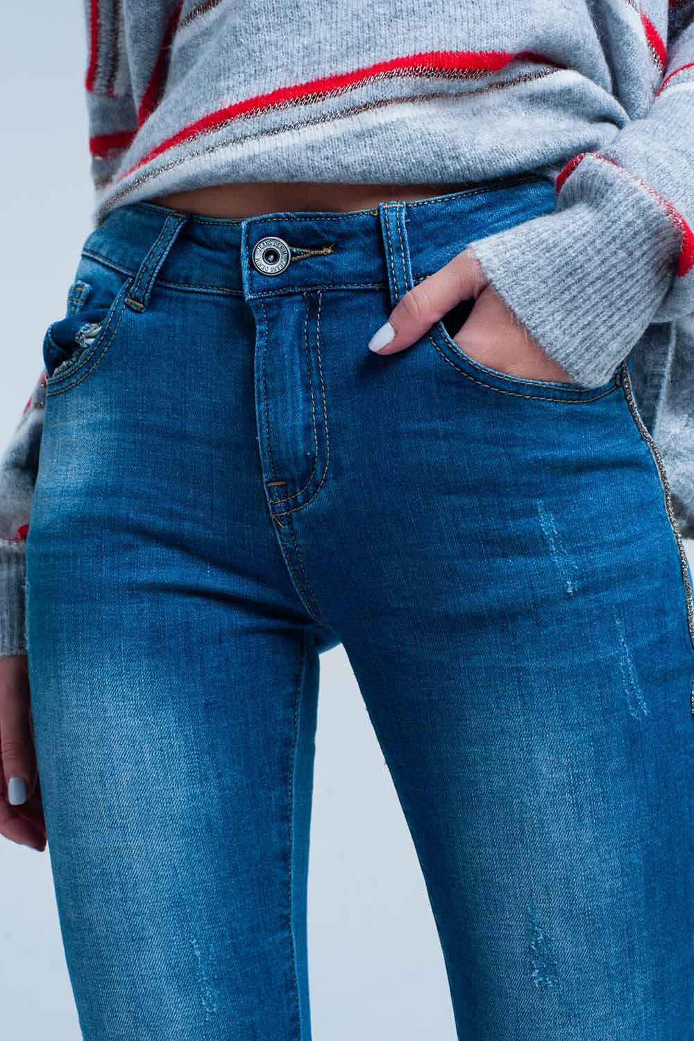 Jeans skinny con striscia laterale con strass