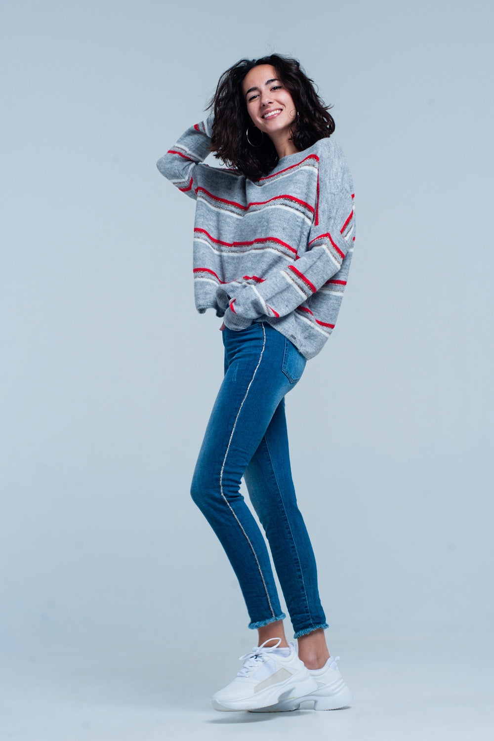 Jeans skinny con striscia laterale con strass