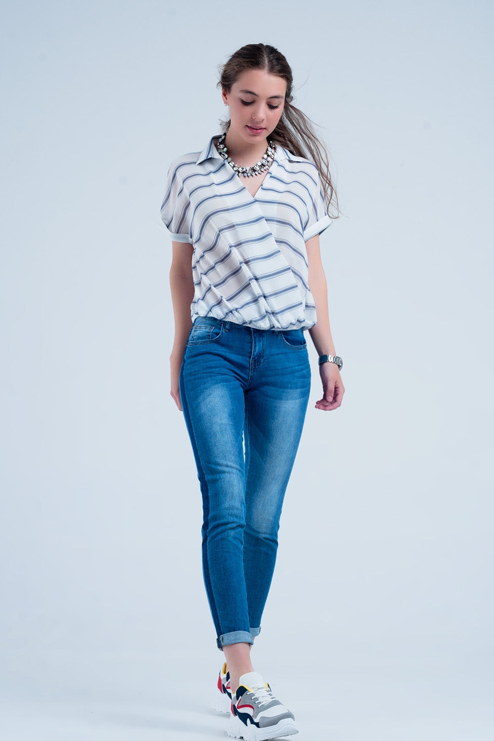 Jeans skinny lavaggio blu con riga laterale blu