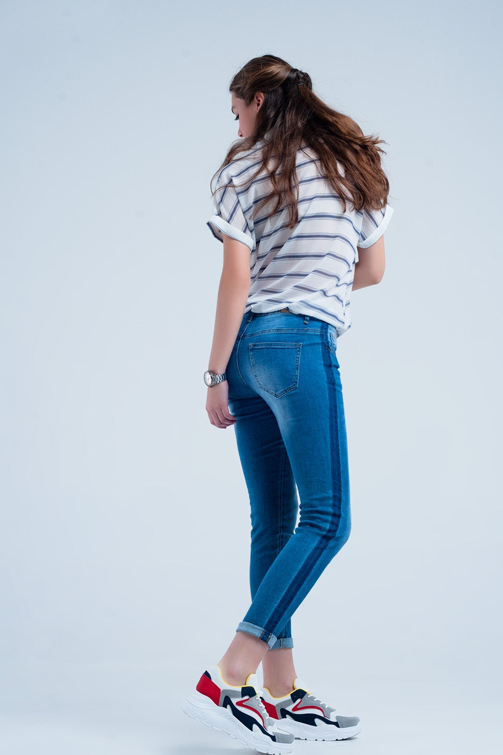 Jeans skinny lavaggio blu con riga laterale blu