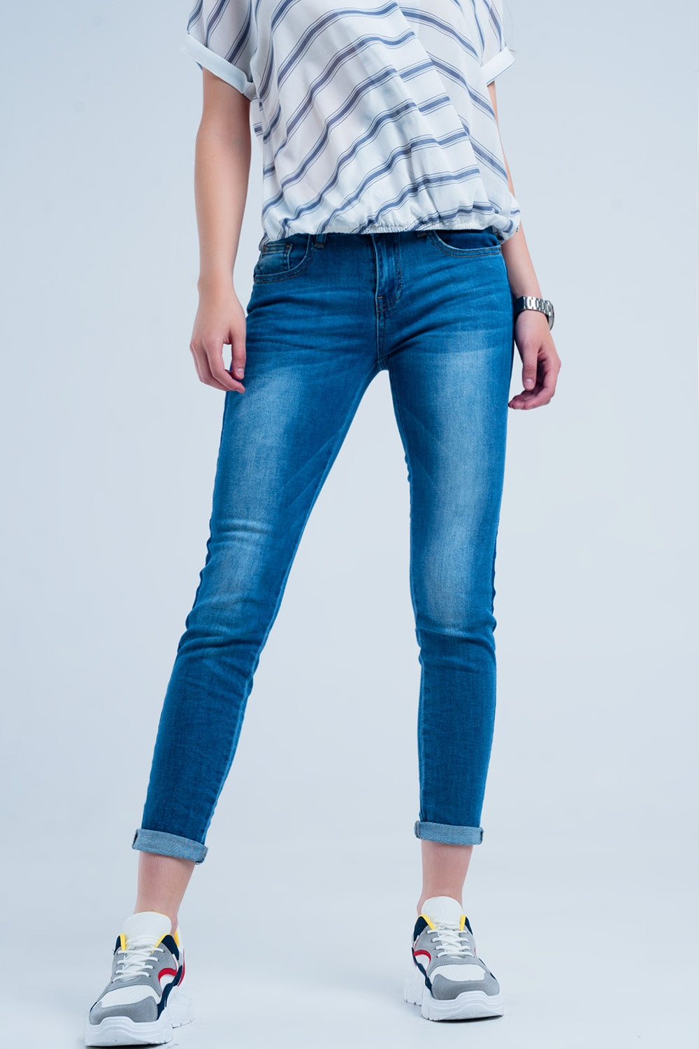 Jeans skinny lavaggio blu con riga laterale blu